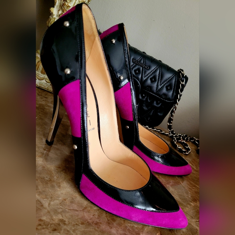 Casadei Luxury Black/Magenta Suede Patent Leather Heel Pumps US 8